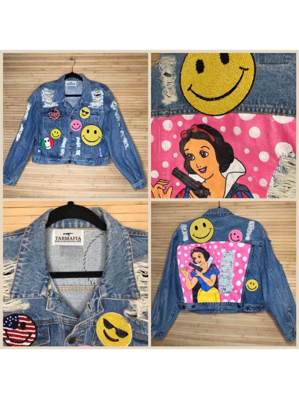 Tarmafia BKK Customized painted snow white beaded Denim Distressed jean Jacket
